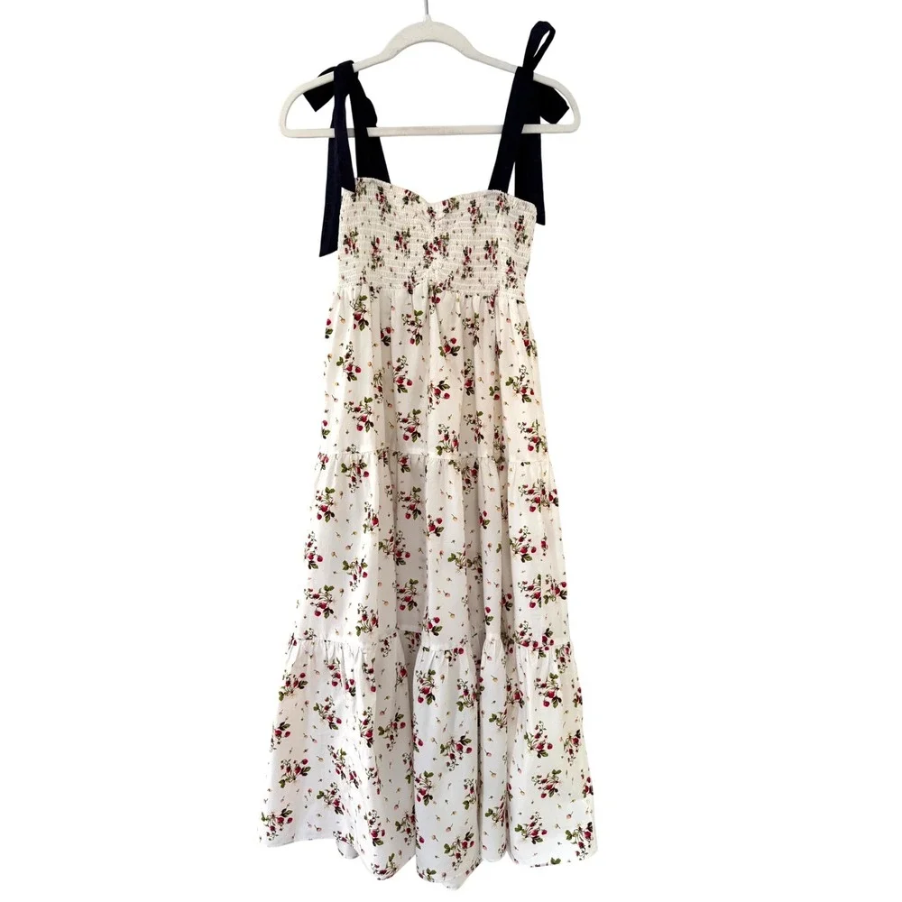 J.Crew Tie Shoulder Smocked Floral Midi Dress S Cottagecore Coquette Preppy